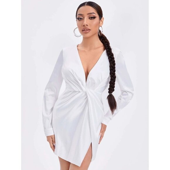 NEW SHEIN PETITE Solid‎ Plunging Neck Wrap Hem Dress SIze M Color White - Picture 1 of 9